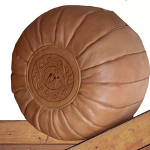 Load image into Gallery viewer, ROUND BROWN LEATHER MOROCCAN POUF