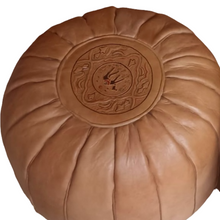 Load image into Gallery viewer, ROUND BROWN LEATHER MOROCCAN POUF