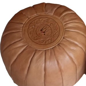 ROUND BROWN LEATHER MOROCCAN POUF